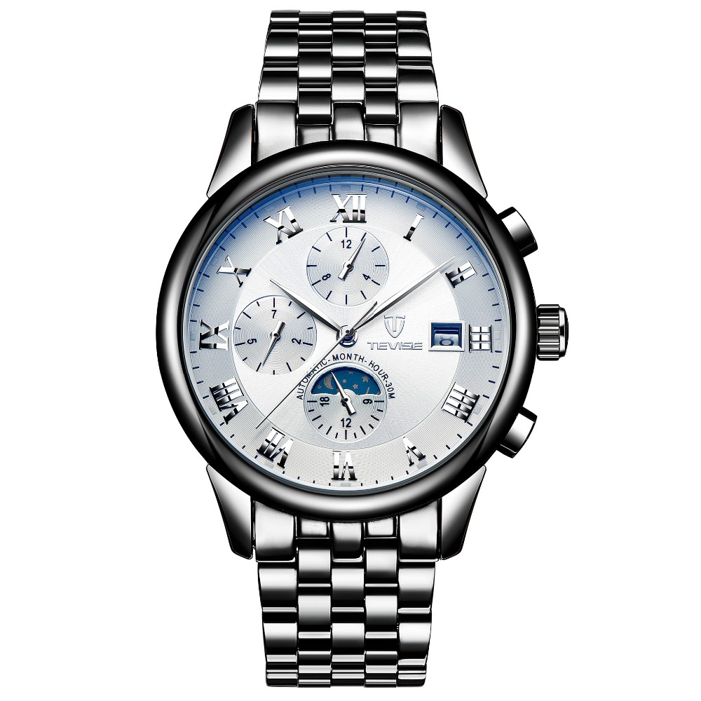 Tevise бренд на луксузни машки рачни часовници Автоматски Механички мода фаза на месечината челик кожа машки часовници relogio часовник