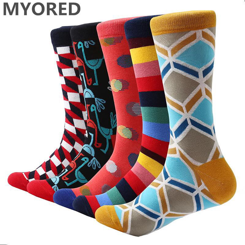MYORED 5 пар/многу мажи секојдневен фустан памучни чорапи светла боја смешно Скејтборд Sock бизнис Екипажот Свадба Чорапи мажите подарок чорапи