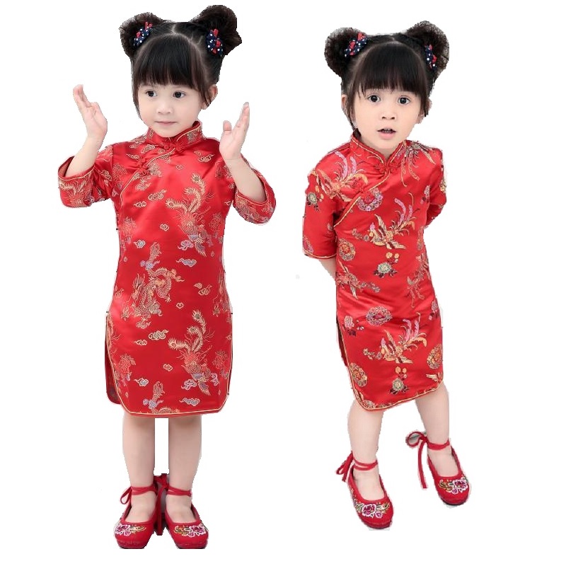 2018 Кинеската Нова Година Бебето Девојки Фустан Почит Свила Деца Традиционалните Qipao Деца Cheongsam Девојка Фустани