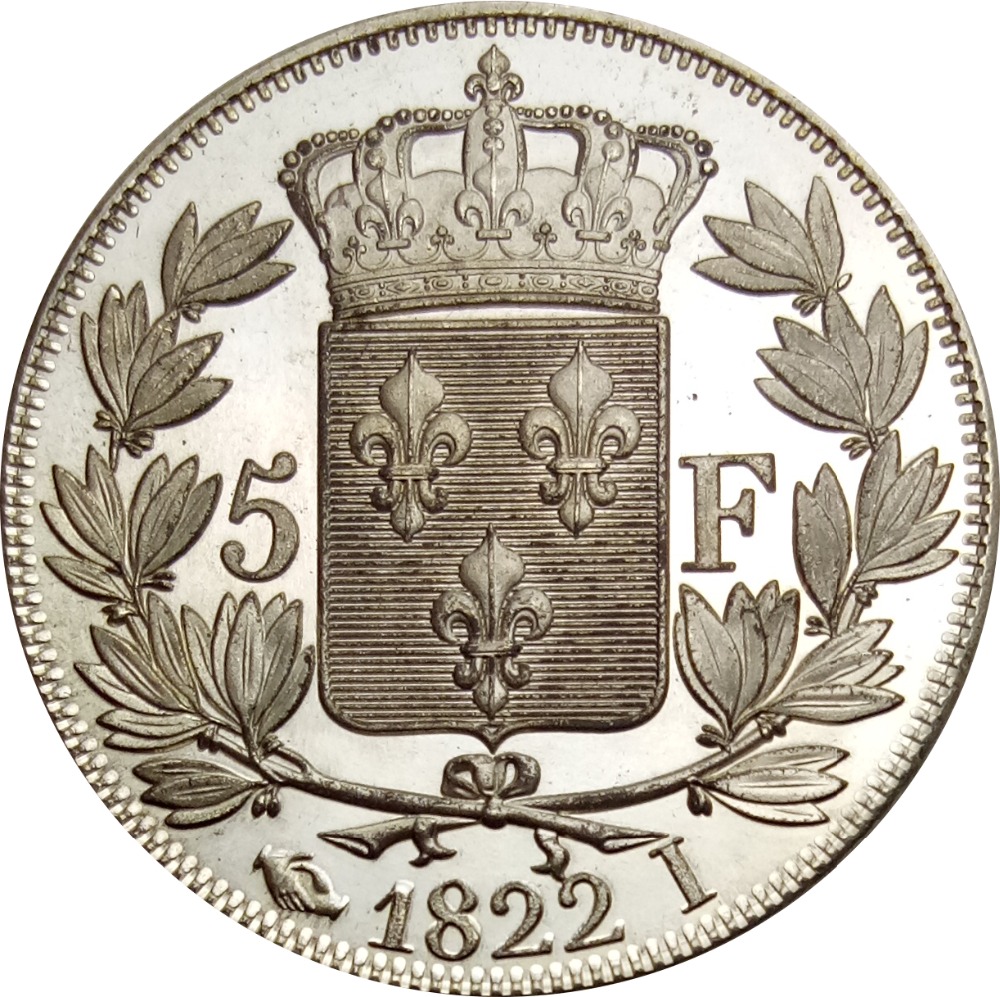 Франција 5 Франци Луј XVIII РЕНТАБИЛНОСТ ДЕ 1822 ГОДИНА НА 1822 година јас Месинг Позлатен Сребрен Копија Монети