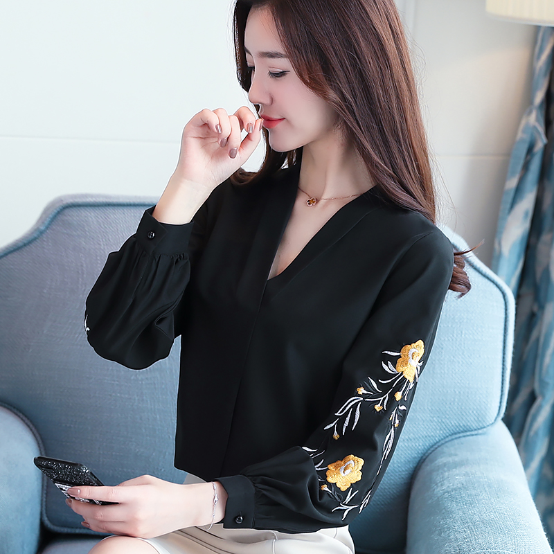 2017 есен нова женска блуза голема големина корејската верзија Фенер Ракав везени кошула Долг Ракав Chiffon Блуза 608A