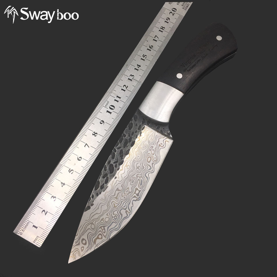 Swayboo Прави рачно изработени фалсификувани Дамаск Челик шема ловечки нож фиксна сечилото на нож 58HRC абонос рачка