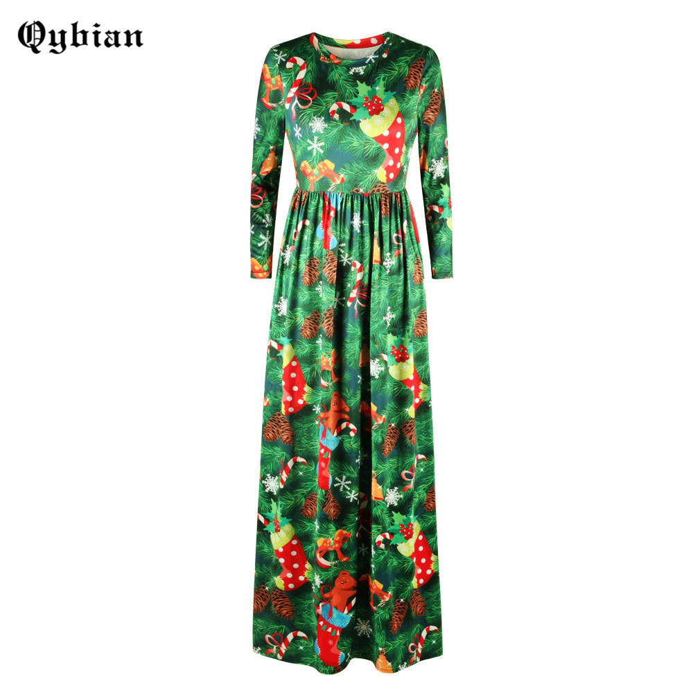 Qybian 2017 Нов Дизајн Есен Жените се Облекуваат 3D Елка Отпечатен Зелен Фустан Женски Гроздобер Глуждот-lengtl долго