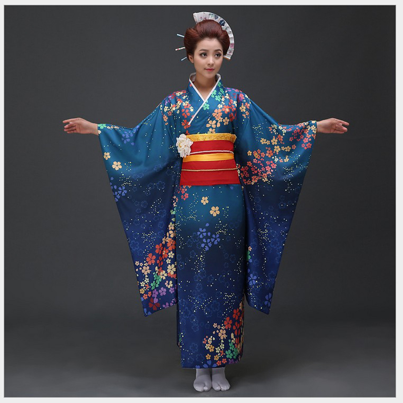 Висок Квалитет Сина Јапонски Жени Кимоно се Облекуваат Традиционално Yukata Со Obi Новина Дама Вечер Фустан Цвет Една Големина NK001