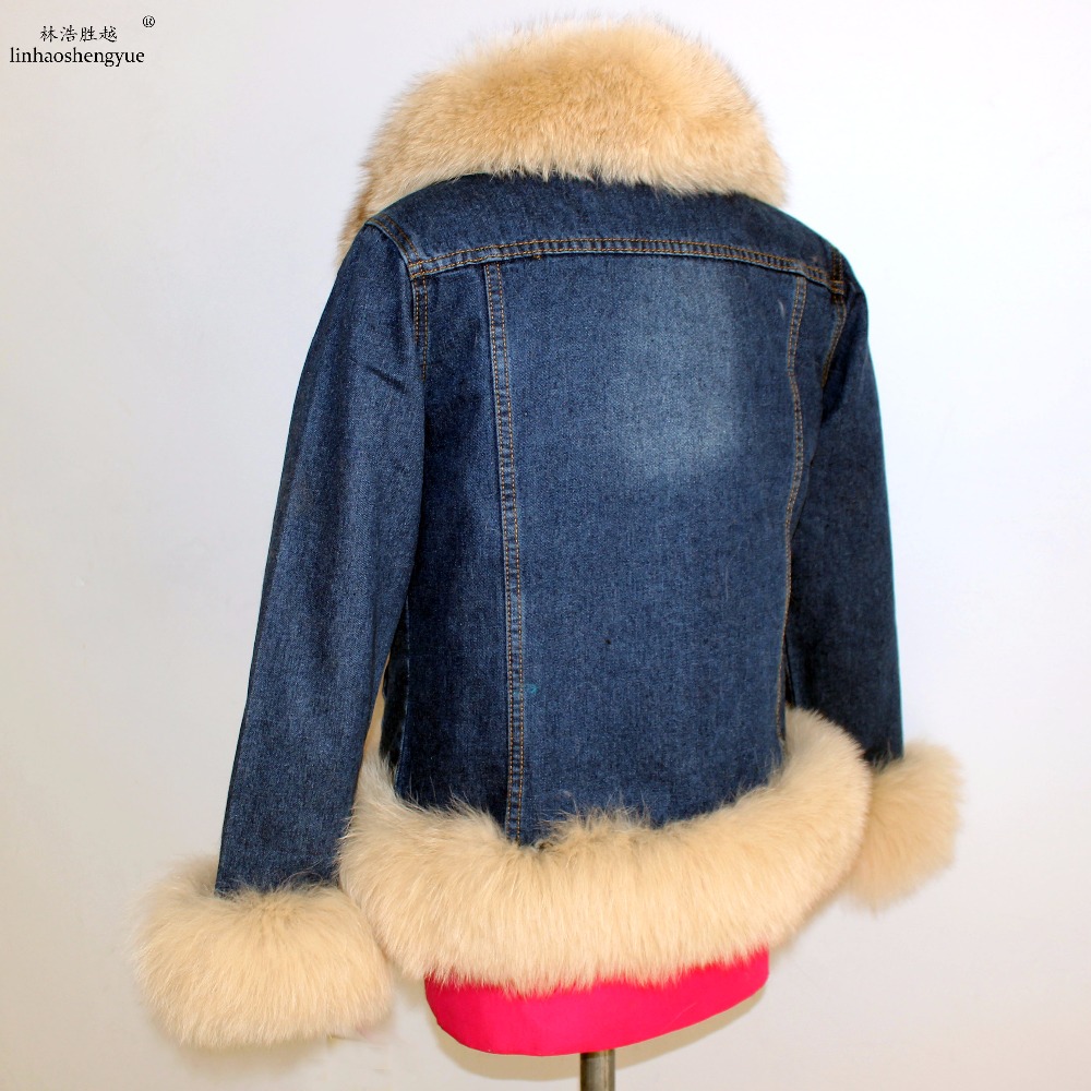 Linhaoshengyue НОВА ЖЕШКА Вистински зајакот крзно поставата палто за жените фокс крзно јака зима топол капут