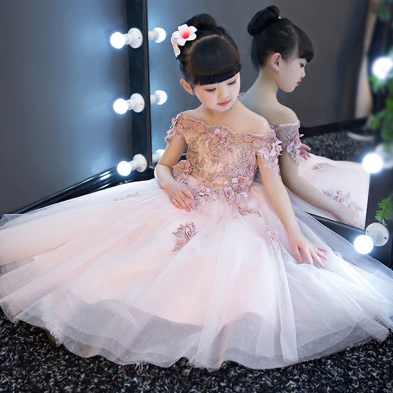 На високо-одделение Девојки Shoulderless Долго Цвет Свадба се Облекуваат Децата Бебе Луксузни Партија Принцезата Роденден