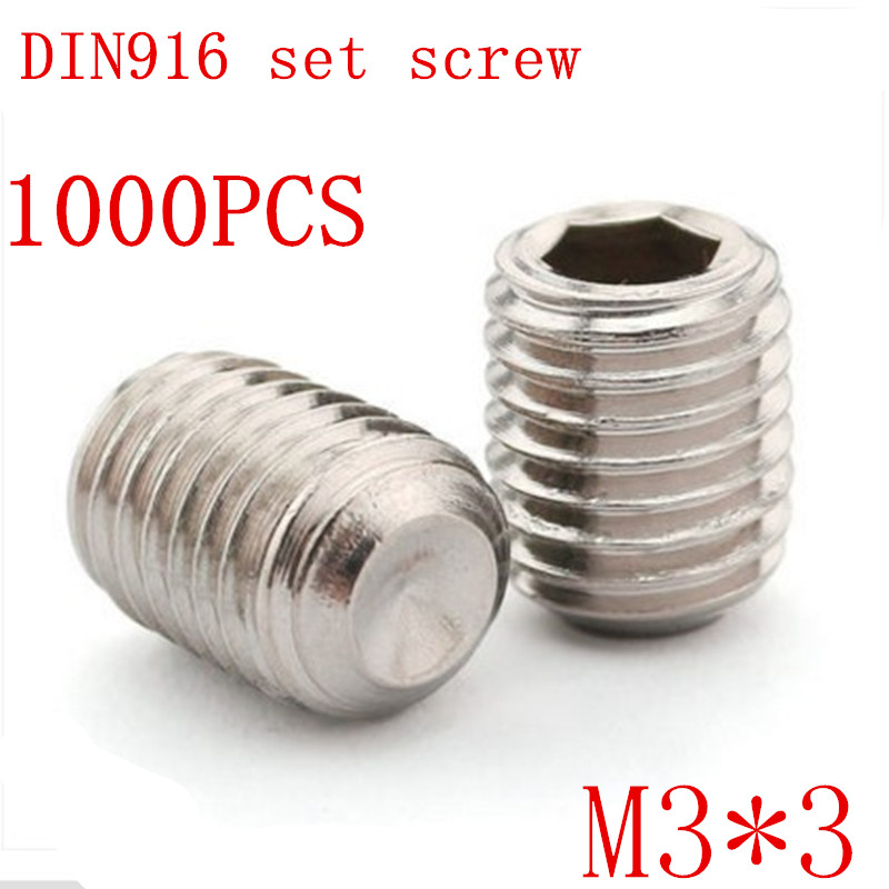 1000pc/set DIN916 m3*3 m3x3 3мм Нерѓосувачки Челик Метрички Навој Копачка Завртки Првенство Точка Хексагонални Socket