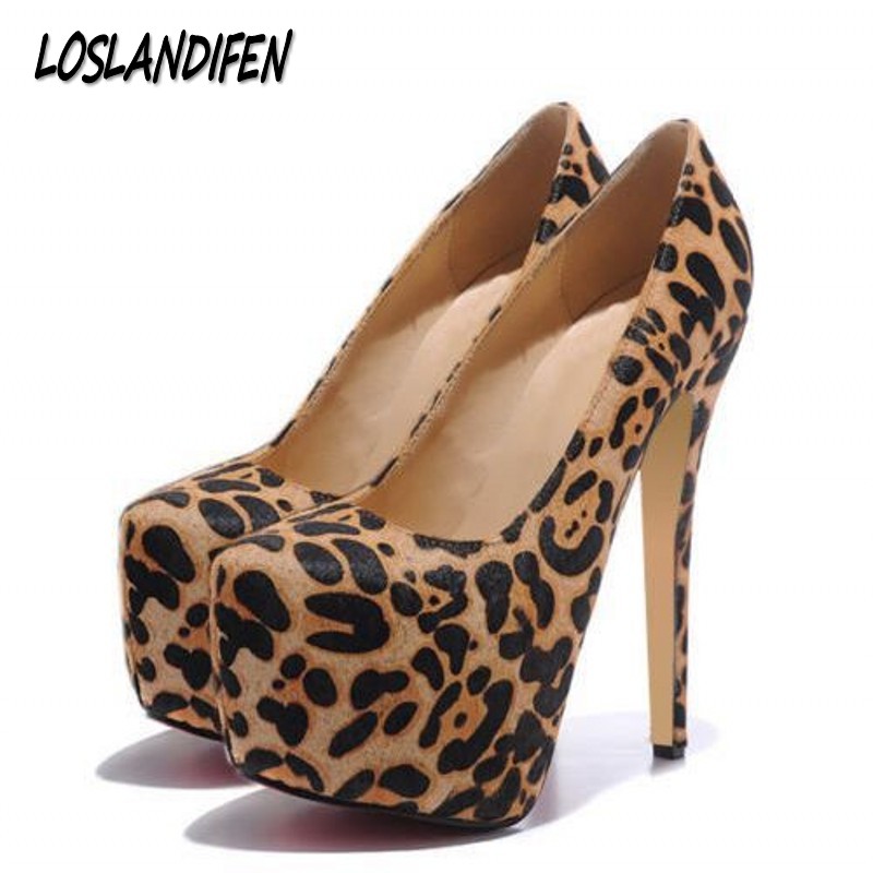 Loslandifen посочи пети високи потпетици чевли жена пролет лето Леопард мода ѕвезда секси партија свадба жените пумпи