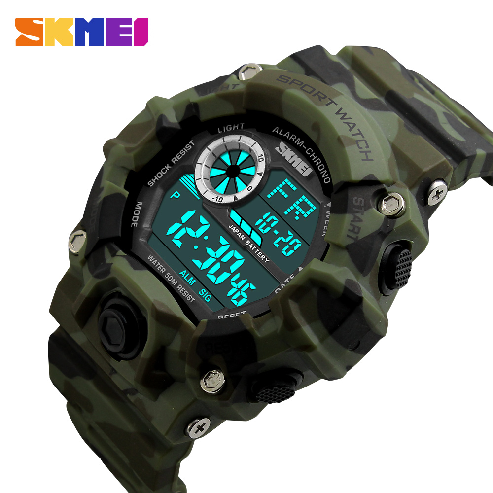 S-Шок SKMEI Мажите Спорт Часовници Машки Војска Маскирна воена види Дигитален LED-Watch Fashion Отворено Качување рачен