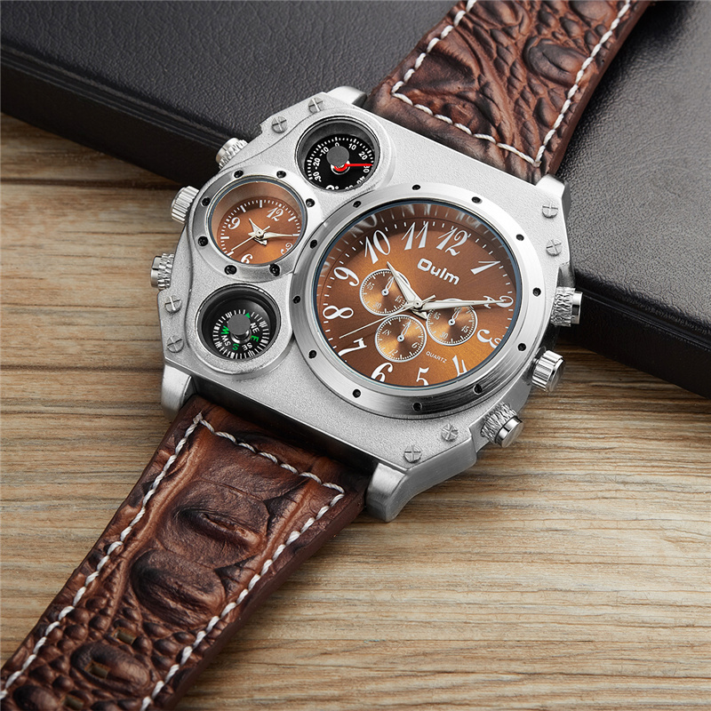 Oulm Големи Голема Двојна Временска Зона Спортски Часовници Кварц Мажите Секојдневен рачен часовник Термометар & Компас