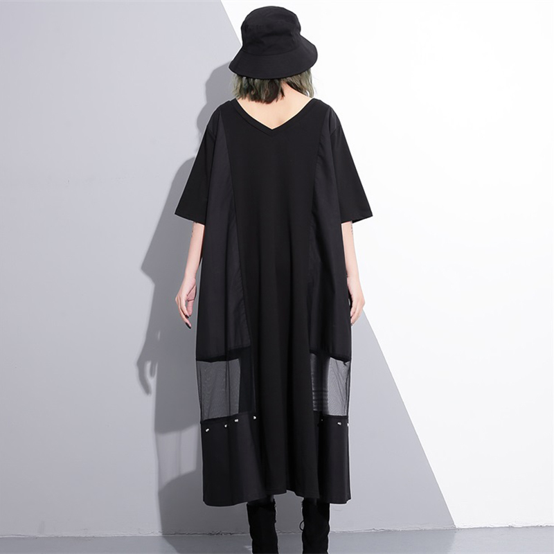 CHICEVER Полите Комбинација Мрежа Жените се Облекуваат Женски Tassel Џеб Црна Три Четврт Ракави Жените Фустани На Голема Големина Облека