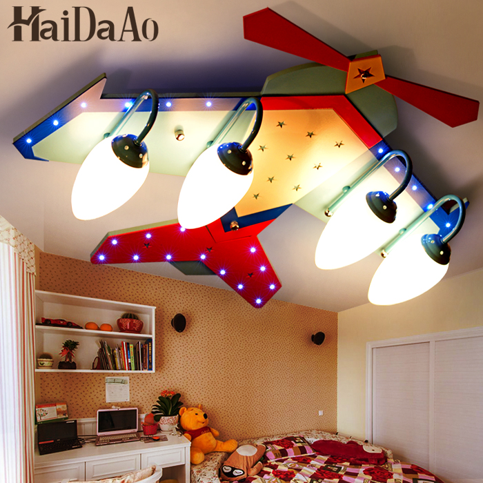 4 глави LED цртан филм авион дете светилка стакло дрвени таванот светилка Децата соба спална соба светлина шарени момче