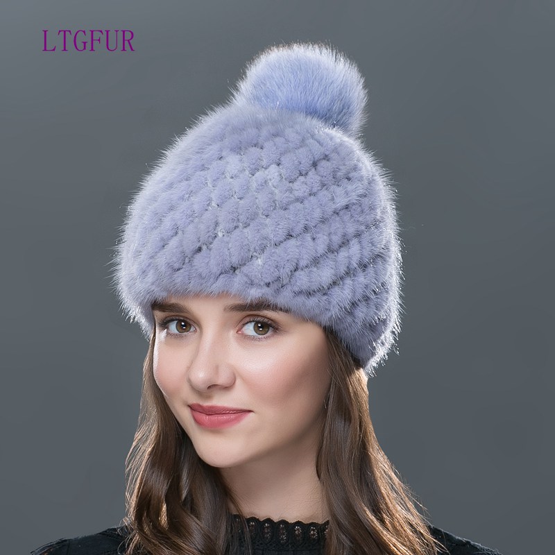 LTGFUR Вистински mink крзно плетени капа зимска шапка mink шапка фокс крзно пом poms нова капа 2017 нова топла продажба на високо квалитетни женски beanies