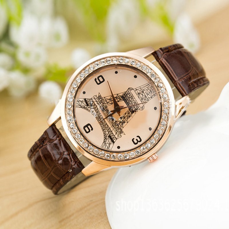 Жените Relojes Најдобро Продаваните Faux Кожа Кристал Кристал Случај Ајфеловата Кула Шема Кварц Зглоб Види