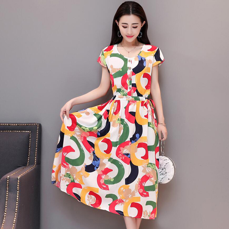 Лето жените се Облекуваат 2018 Памук О-вратот Печати Долги Елегантни Фустани Дами Лабава Секојдневен Флорални Мода кратко