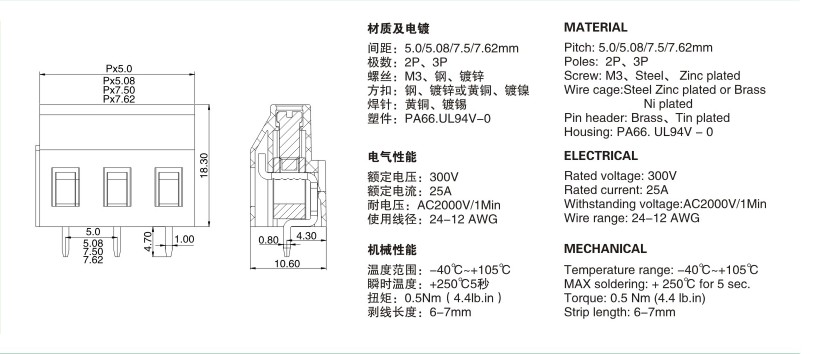 PCB Завртка Терминал Блок 5.0 mm Теренот 3P Права, 129-5.0-3P, 300V/25A 24-12AWG ! ако треба други pin, прав агол во