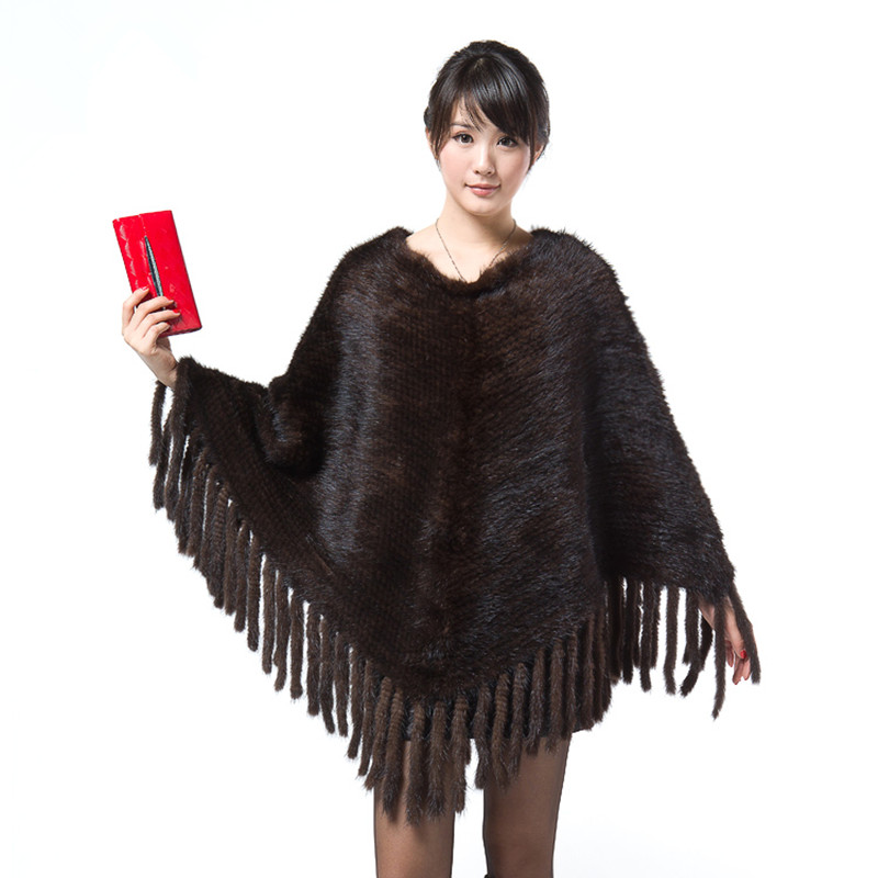 2017 Најновите Модата Жените Вистински Плетени Mink Крзно Shawls Pullover со Tassels Poncho Женски Обвива Дама Outerwear