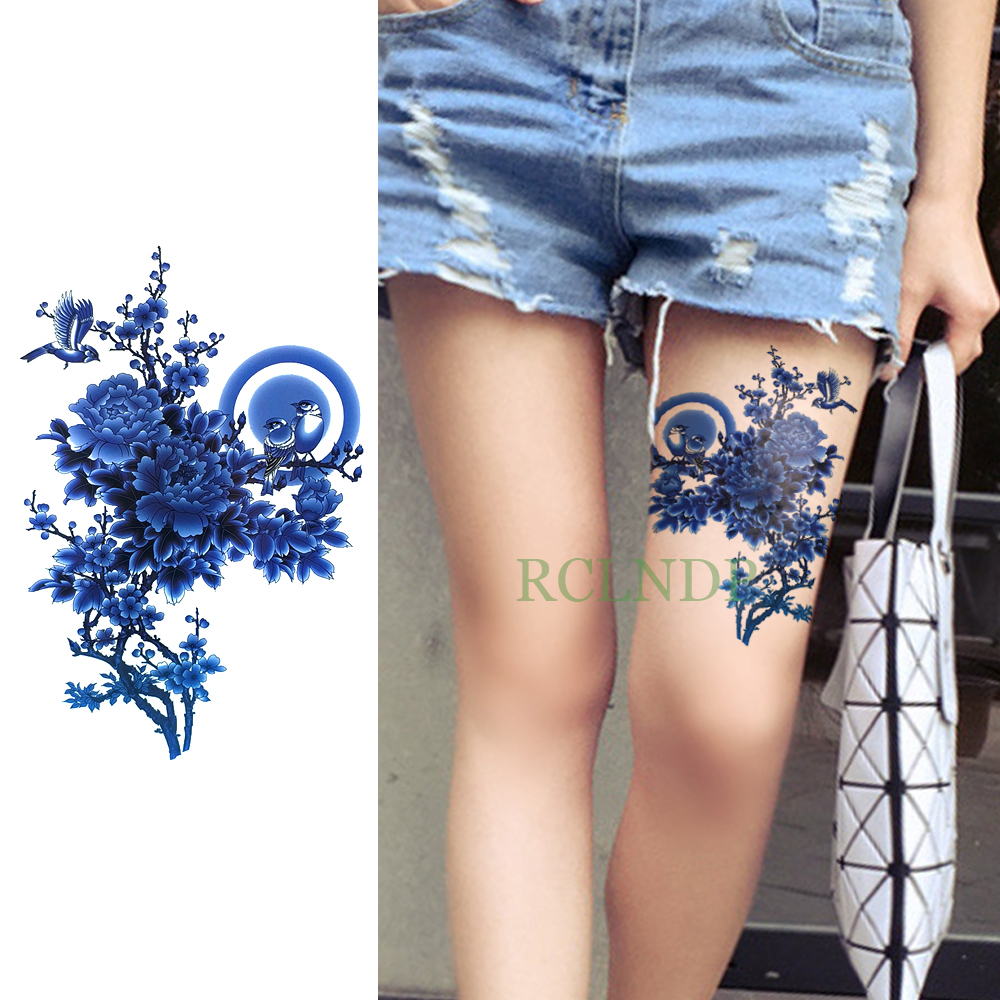 Водоотпорен Привремена Тетоважа Налепница сино цвеќе на задната нога tatto налепници флеш tatoo лажни тетоважи за жените