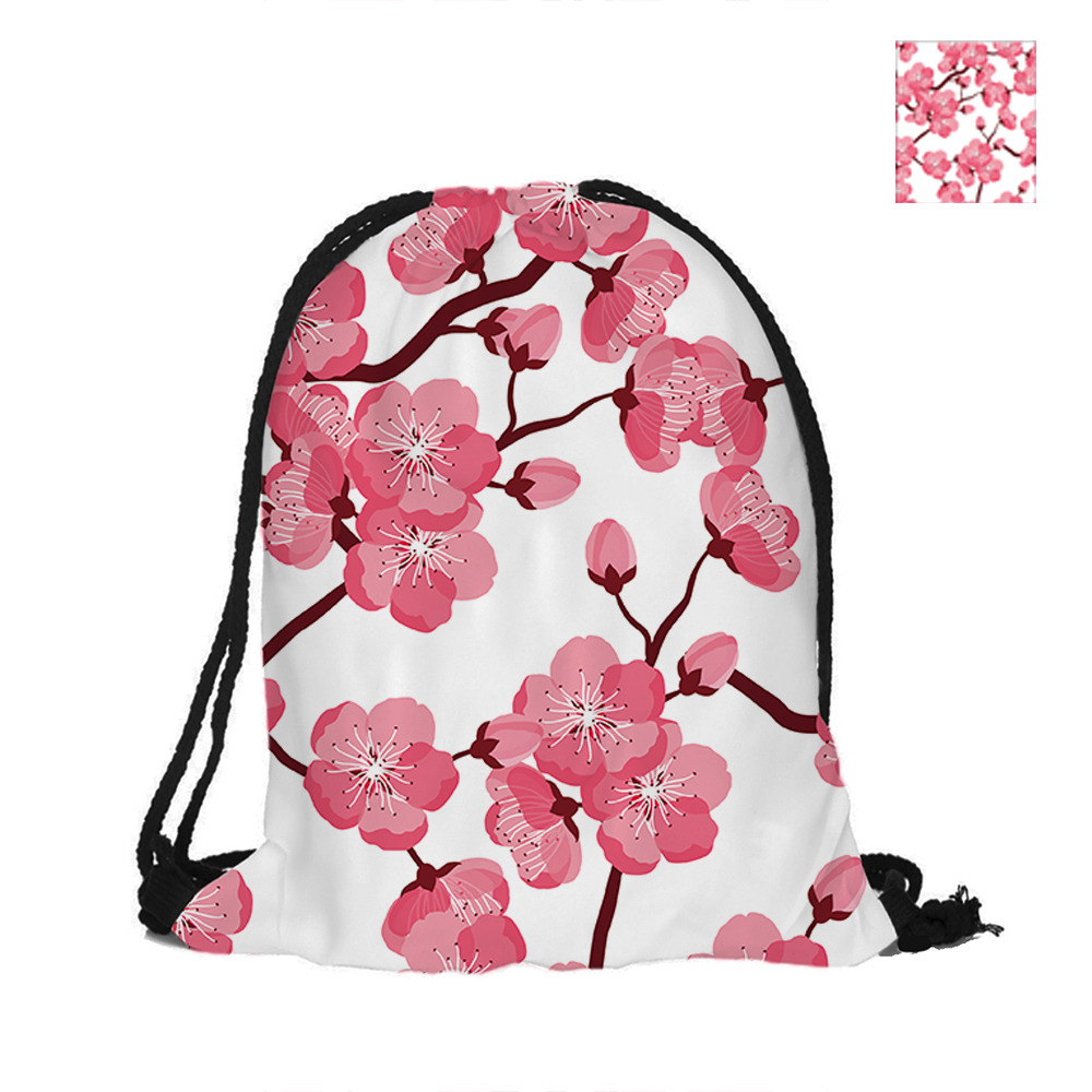 Цутот На Црешни Печатење Drawstring Ранец Мода Полиестер Кеси За Жени Мажи Дете Розови Цвеќиња Торбичка Ранци