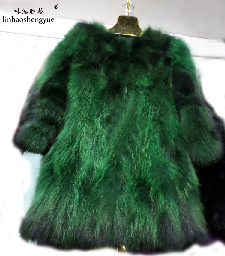 Linhaoshengyue ДОЛГО 75см Raccoon крзно долго палто црна и зелена