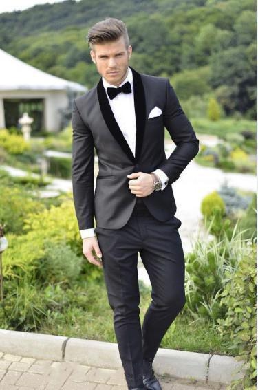 2017 Младоженецот Tuxedos Сопствени Направени Јаглен Греј Најдобриот човек Shawl Црна Јака Groomsman Мажите Свадба Одговара