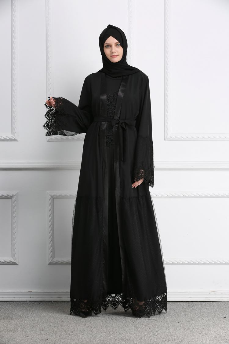 Муслимански Чипка Абаја Grenadine Црна Целосна Фустани Јакна Кимоно Долга Облека Наметки Jubah Блискиот Исток Рамадан Арапските Исламска Облека