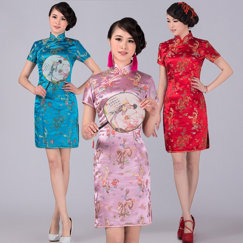 Црвено Традиционален Кинески Класичен Фустан Mujere Vestido Жените Сатен Cheongsam Мини Qipao Големина S M L XL XXL XXXL