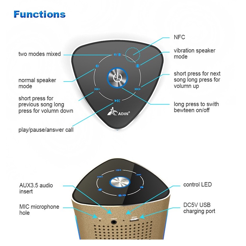 ADIN 36W Bluetooth Звучник Злато Моќни Вибрации Јазик Метал Три Единица NFC Стерео 3D Опкружувачки Допир Компјутер Телефон