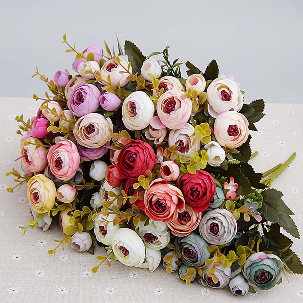 10heads/1 пакет Свила чај рози Невестата букет за Божиќ дома свадба нова Година декорација лажни растенија вештачки цвеќиња