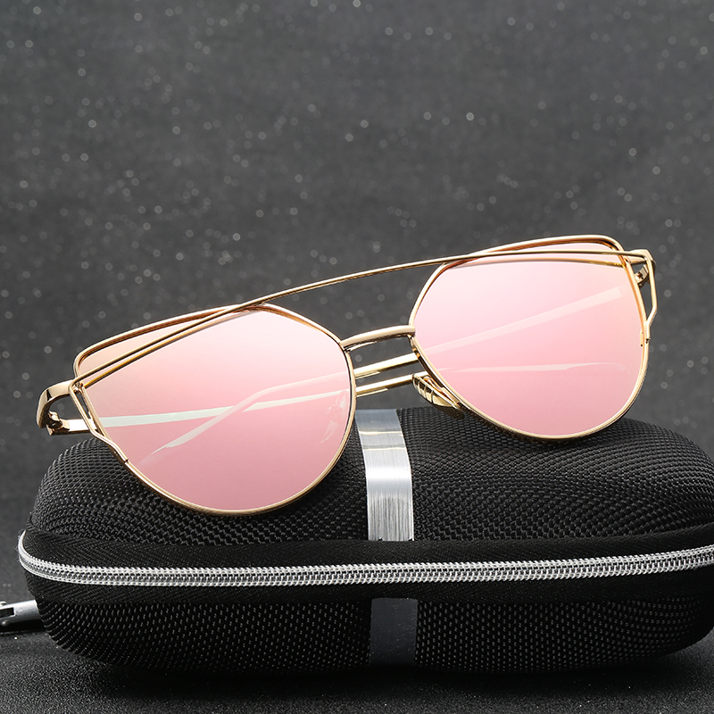 2017 Мода Мачка Око, очила за сонце Жените Бренд Дизајнер Метал Одраз Огледало Сонце Очила За Жените Близнаци-Греди oculos