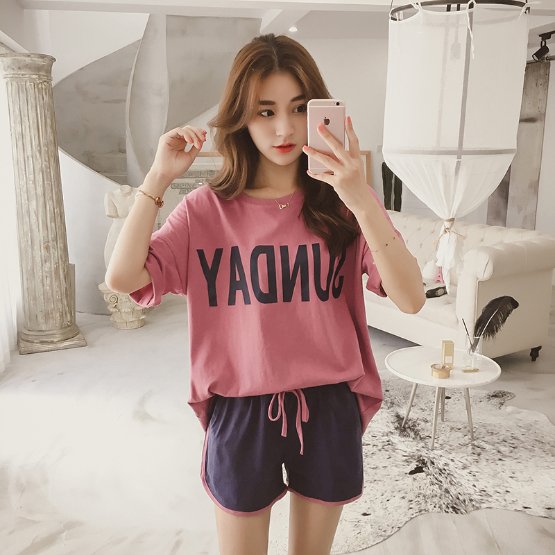 Моден шорцеви женски костум лето нови 2017 корејски лабава лабава кратко sleeve Т кошула + секојдневен панталони две групи на плима