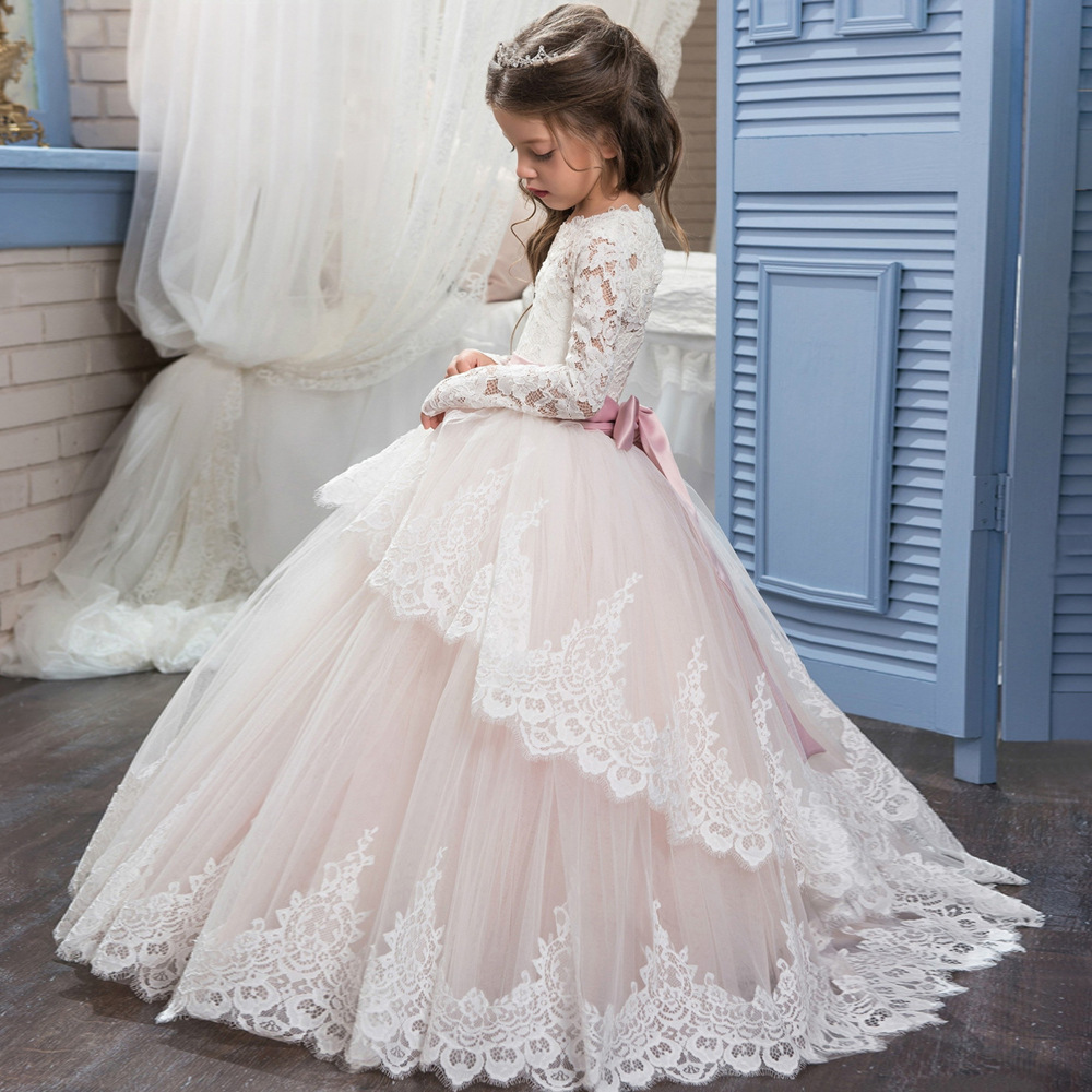 2018 Деца Девојка Принцеза Фустан Долг Ракав Двојно чипка Девојка се Облекуваат Свадба, Роденден Костим Голем Поклон