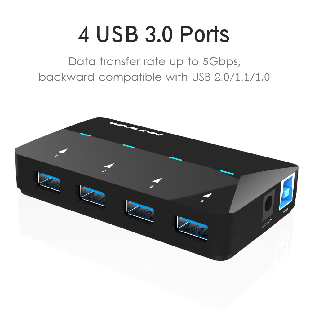 WavLink 4-Port USB3.0 Центар SuperSpeed Компактен Центар USB Адаптерот Hab+Smart брзо Полнење до 5Gbps Преносни За Mac,
