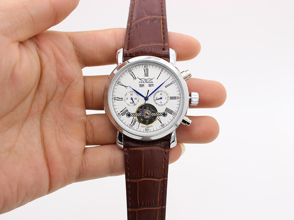JARAGAR Голема Dial Заврши Календарот на Мажите Види Кожа за на Рака Механички рачен часовник Машки Часовник Relojes