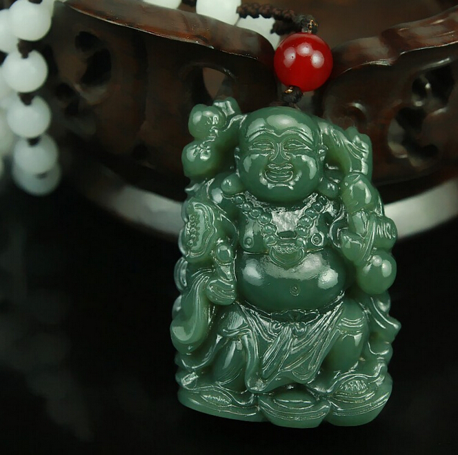 Природни Рачно резбани Кинески Hetian Jade Pendant - Зелена Jade Врежан Буда Среќната Амајлија Приврзоци Ѓердан