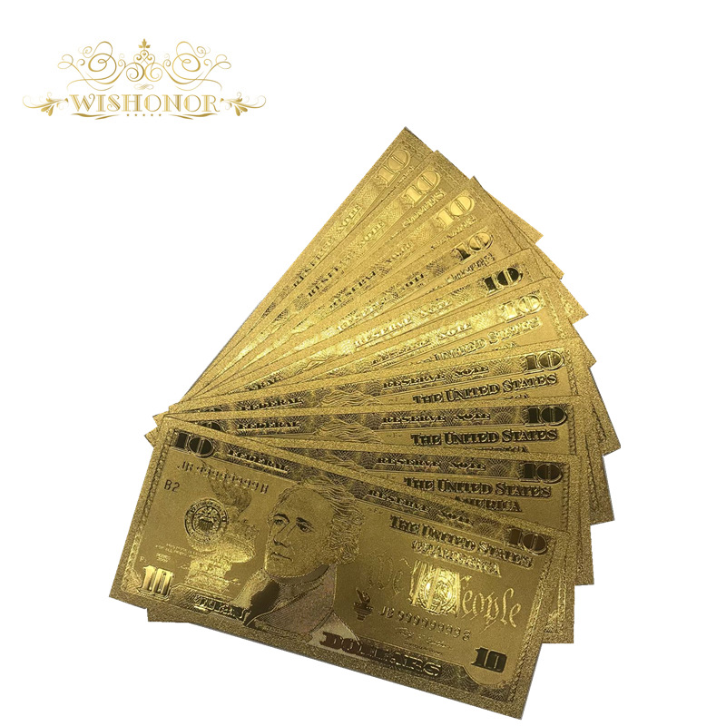 10pcs/многу 24k Златна Фолија Банкноти Бил САД 10 Долар Банкнотите во Злато Позлатен Валута Хартија Пари За Збирки И Подароци