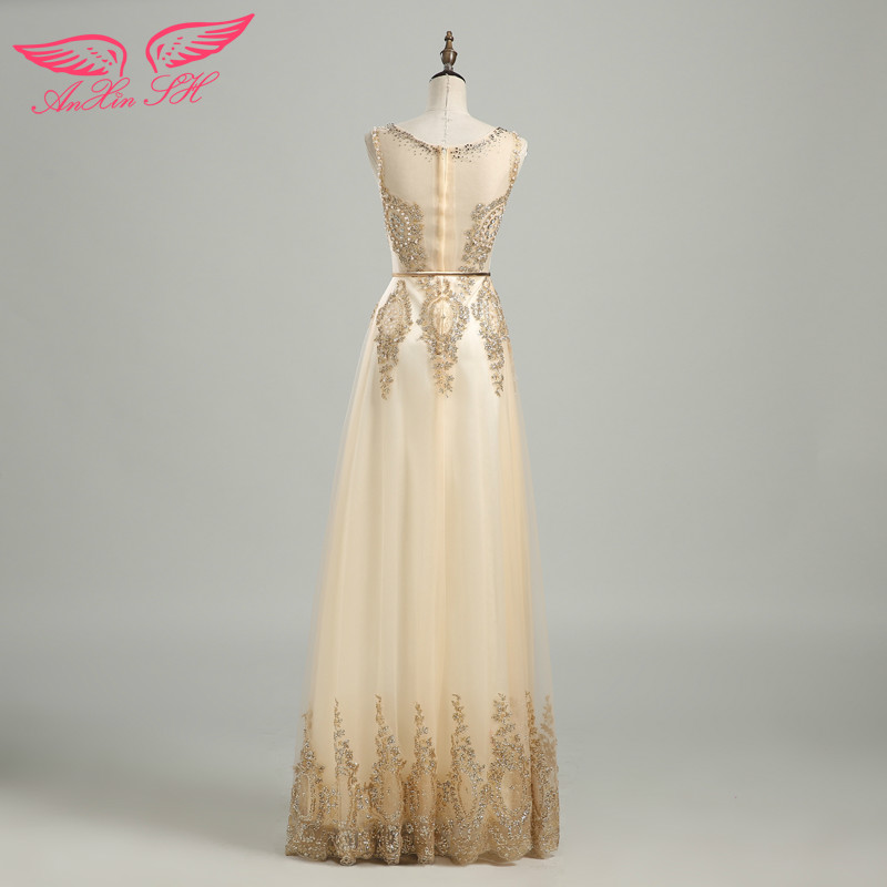 AnXin SH златна чипка Вечер фустан, нов стил банкет, долго златниот цвет принцеза невестата вечер фустан, краток компанија