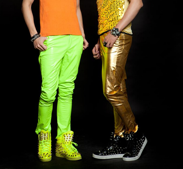 Зелено злато Пејач костими 1 панталони мажи 1 панталони човек фаза панталони Флуоресцентни кожени панталони mens панталони