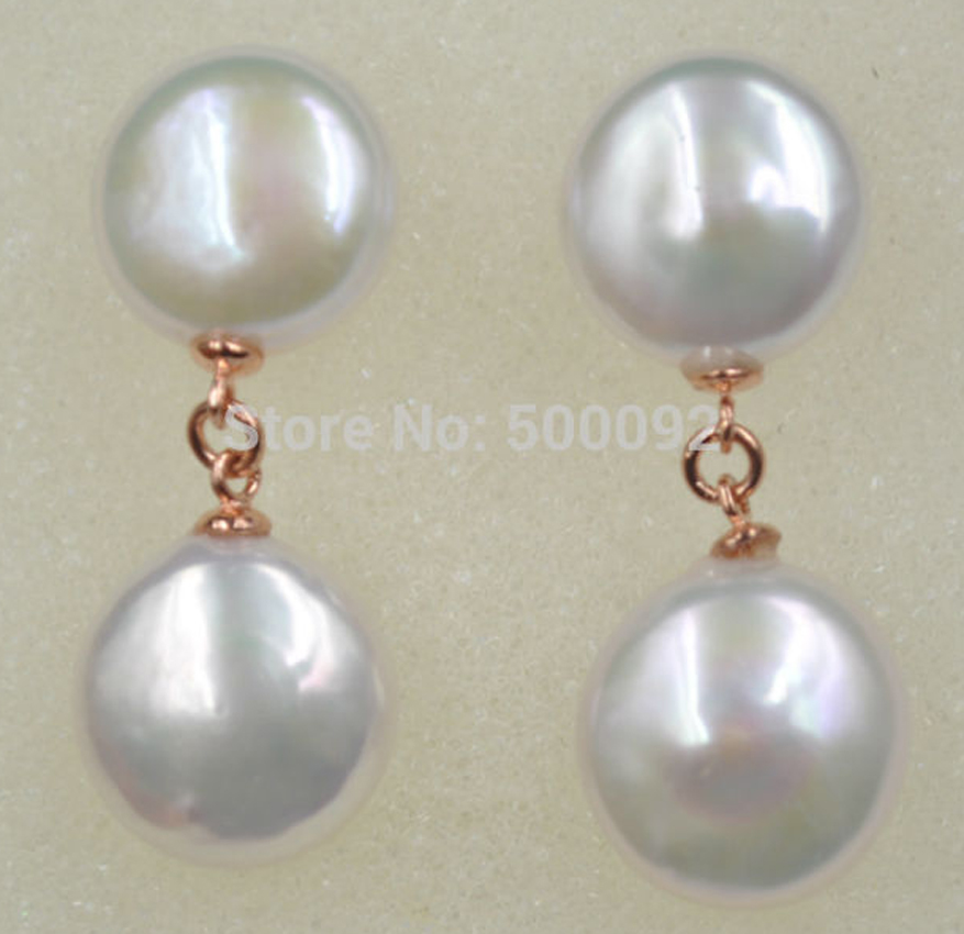 ПРЕКРАСНИ Многу сјај 12.5-13mm вистински бел бисер earring dangle се зголеми златна