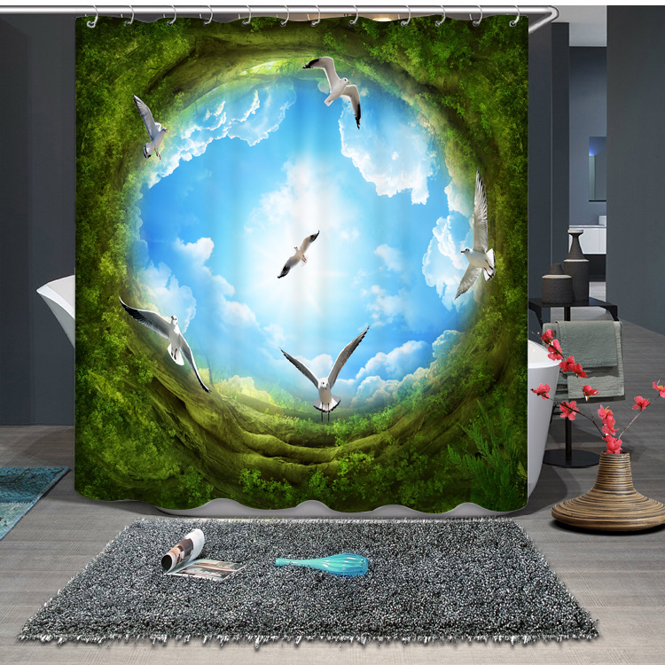 Нов Празен Приказ на 3D Ефекти Зелена Бања Завеса Туш Завеси Водоотпорен Додатоци за Бања Завеса со Куки 150 180 200cm