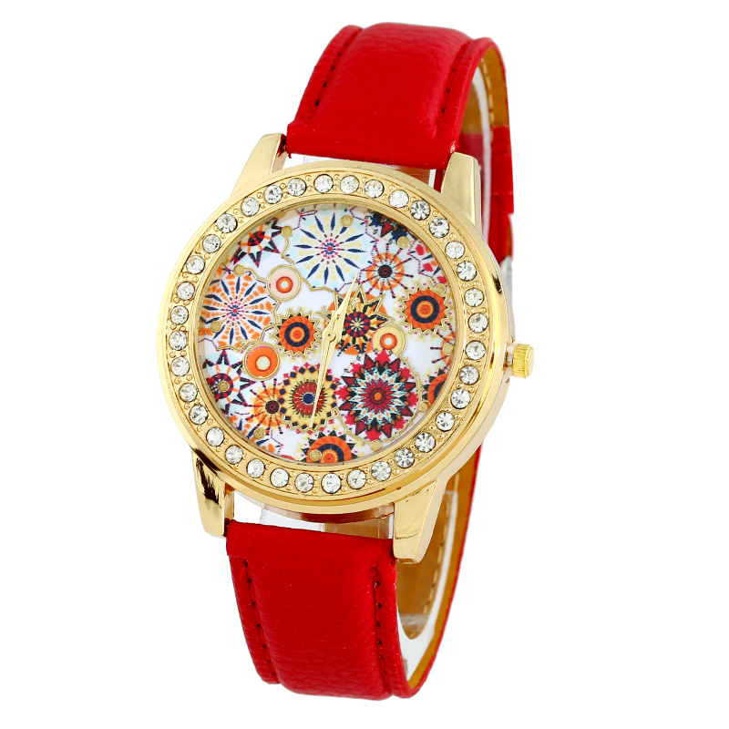 Gnova Platinum Златна Жените Види Кристал Индискиот Цвеќиња Мода Кварц рачен часовник 60-тите години хипи гроздобер ретро