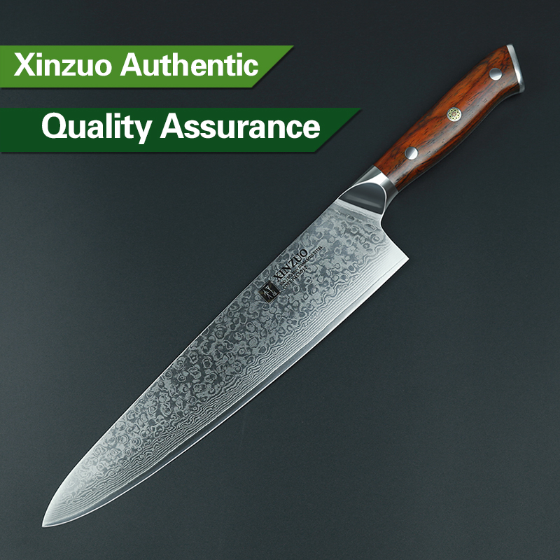 XINZUO 10 инчен готвач нож Јапонски Дамаск од нерѓосувачки челик кујнски нож професионални Gyutou нож со луксузни зголеми