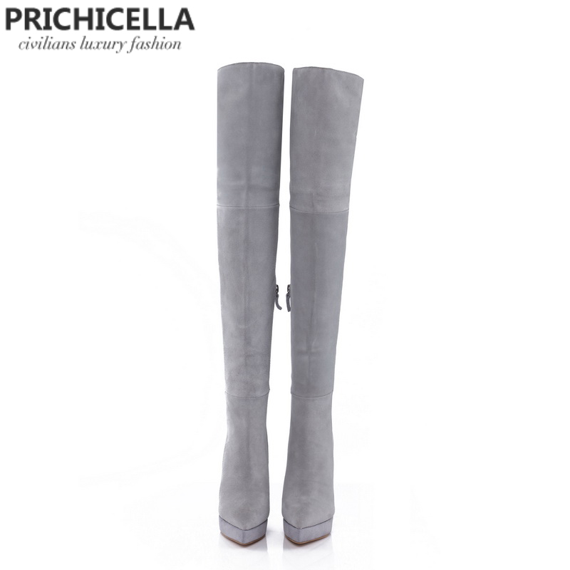 PRICHICELLA 14cm stiletto висока пета сива велур платформа бедрото високи јавањето чизми над колената booties size34-42