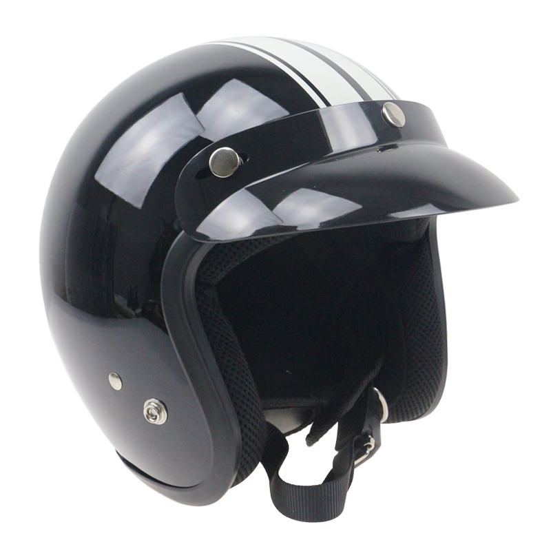 Blask со бели ленти Ретро мотоцикл шлем џет стил хеликоптер велосипед шлем со црно стакло и 3 pin тока S,M,L,XL,XXL