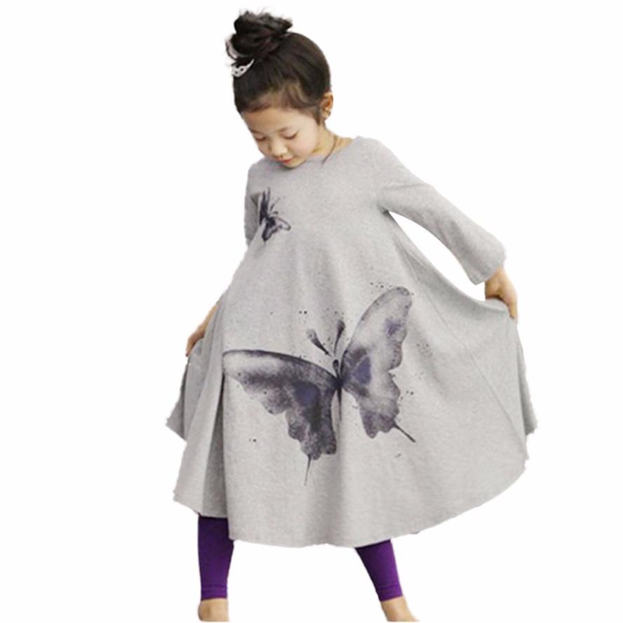 Есен децата облека фустан за девојка Полна пеперутка печати девојка се облекуваат бебе се облекуваат 100-140