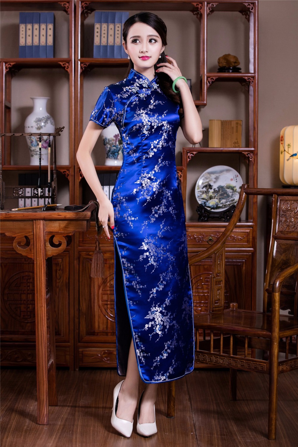 Шангај Приказна кинески традиционален фустан Долг Qipao кинески Фустани Флорални cheongsam фустан Ориентален Стил се