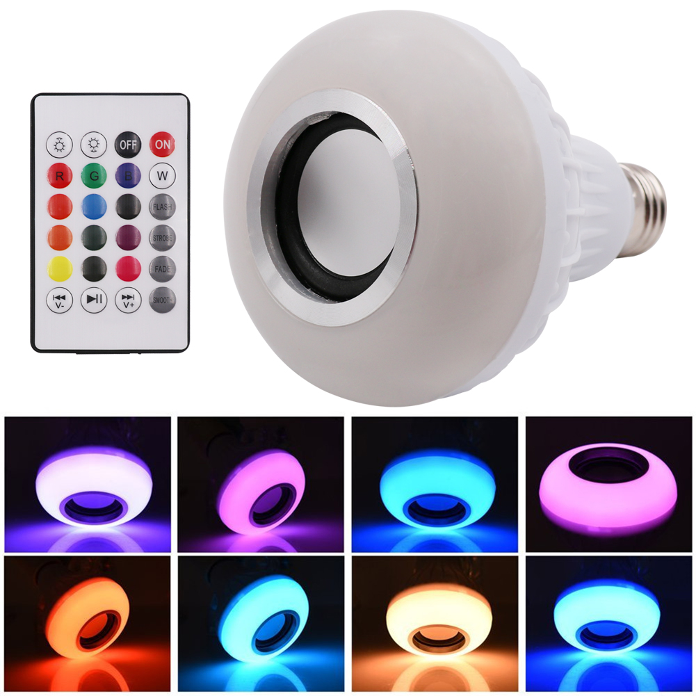 Безжична Bluetooth LED Сијалица Светлина Говорникот 12W RGB Smart Музика Игра Светилка + 24key Далечински контролер