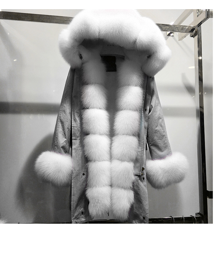 MaoMaoKong Вистински Крзнено Палто Жените Зимски Дебели Топло Големи Природни Фокс Крзно Худ Паркови Јакна Монтажни зајакот