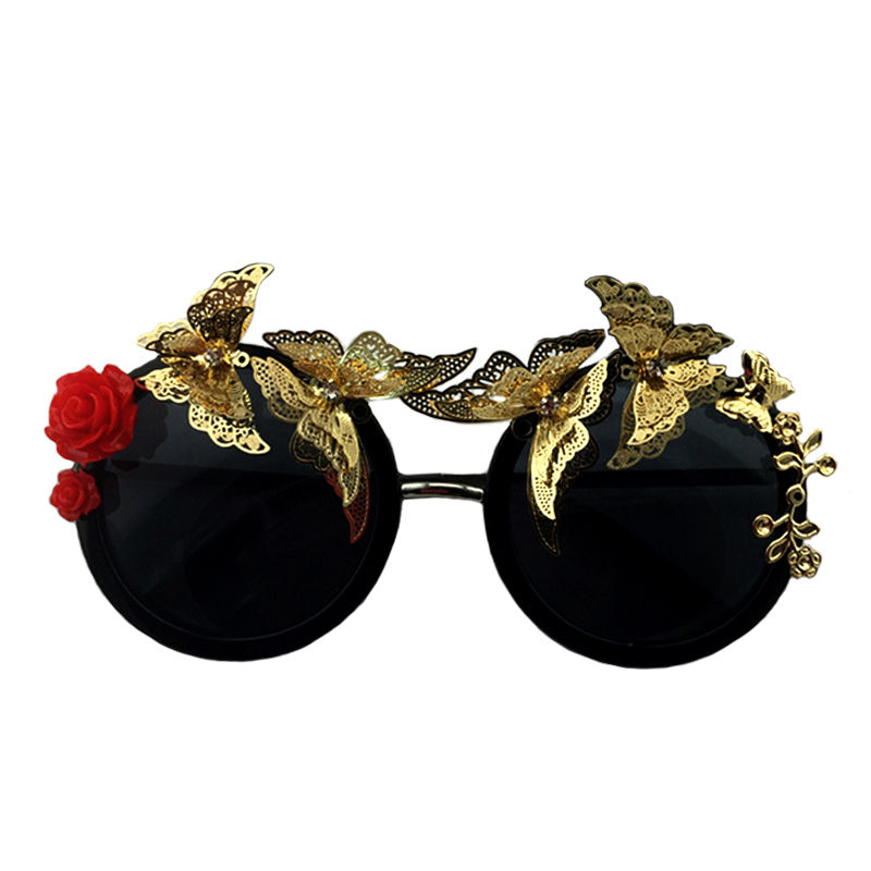 2017 нови Ретро Гроздобер зголеми цвет очила за сонце Барок очила за сонце Луксузни Сонцето Beach Метални Легури Пеперутка Цветните очила за сонце