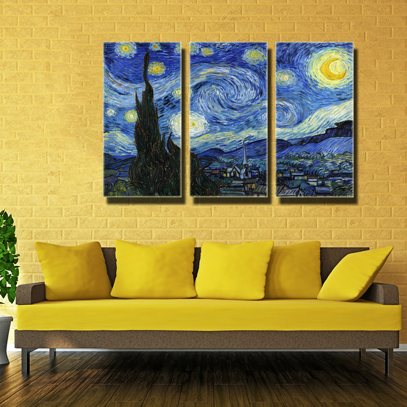 3 Парчиња Без рамка ѕвезда ноќ Mural Vincent Willem van Gogh Отпечатена на платно сликарство Дома Декор ѕид уметност